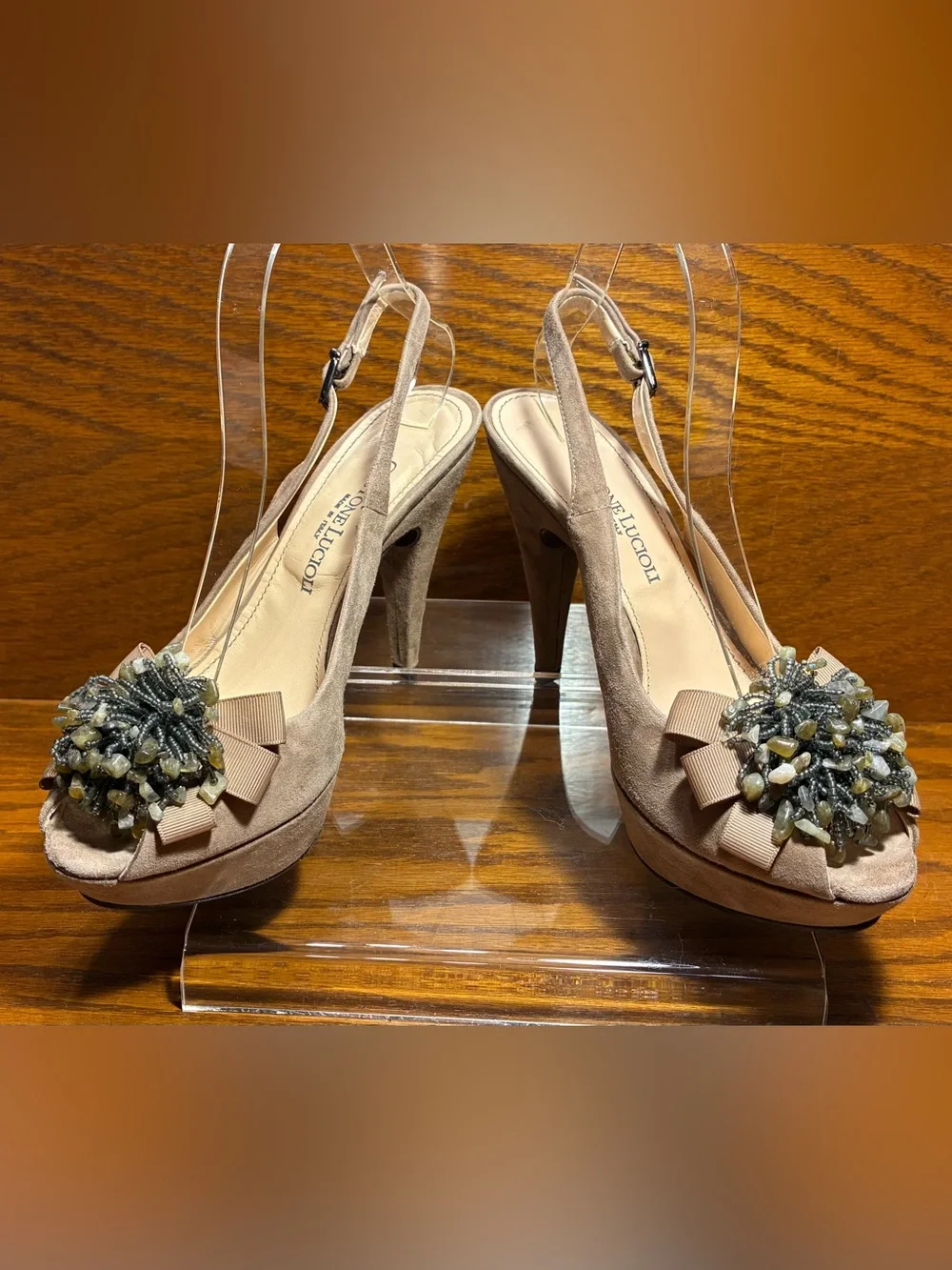 Gastone Lucioli ITALY Beaded Suede Platform Slingback Heels Taupe EU 38.5 US 8